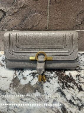 Chloe Gray Leather Wallet Clutch with Gold Ring Accent with dust bag EUC